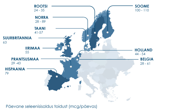 Illustreeriv kaart sellest, kui palju Euroopa riikide elanikud saavad toidust seleeni